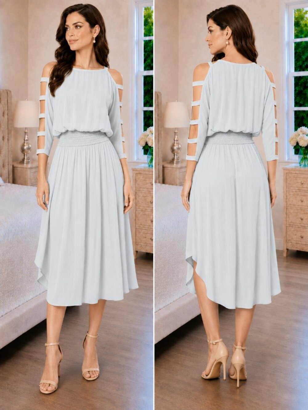 Ramy Brook Gray Blue Cutout Sleeve Midi Dress $395